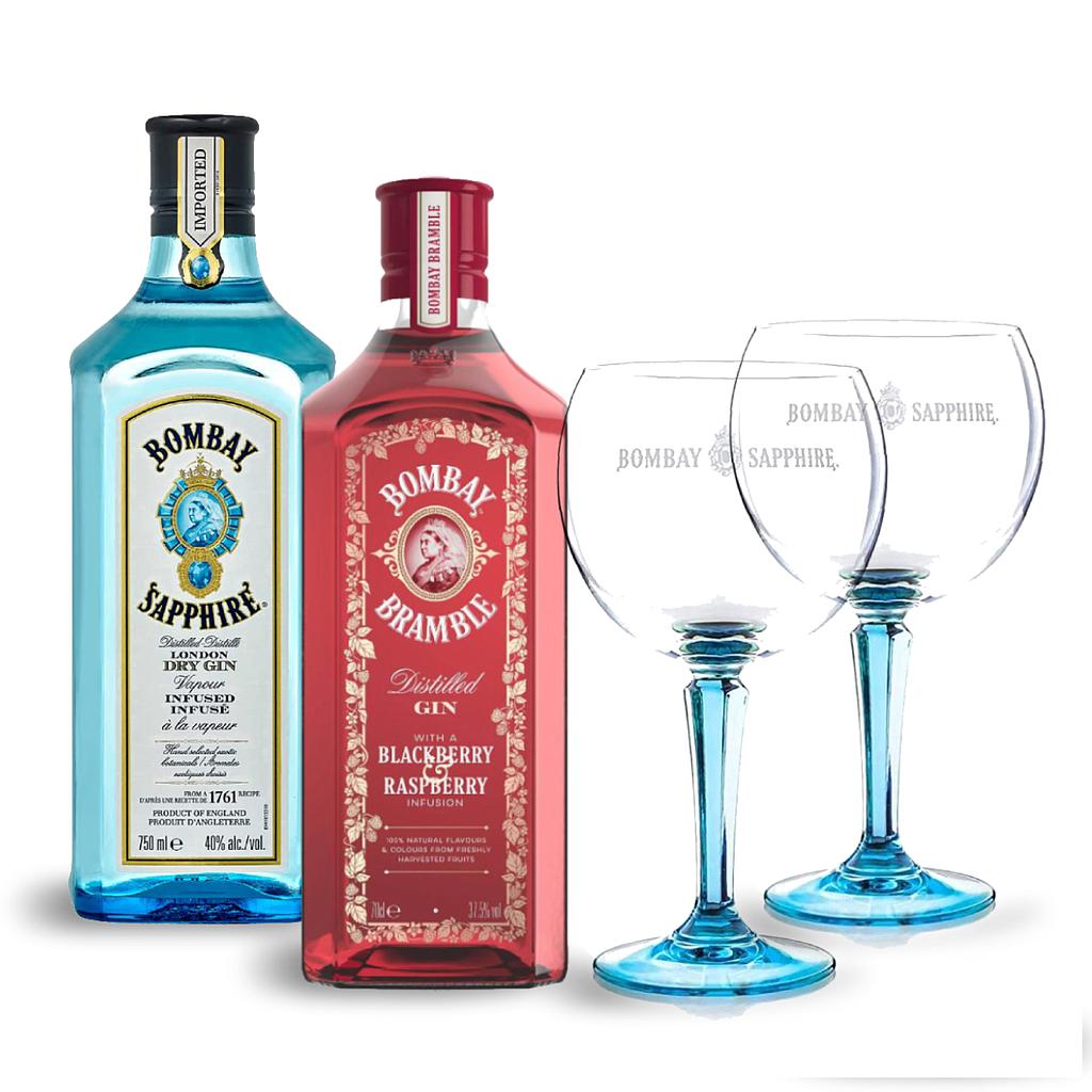 GIN BOMBAY BRAMBLE 700 ML + GIN BOMBAY SAPPHIRE 750 ML + 2 COPAS DE REGALO
