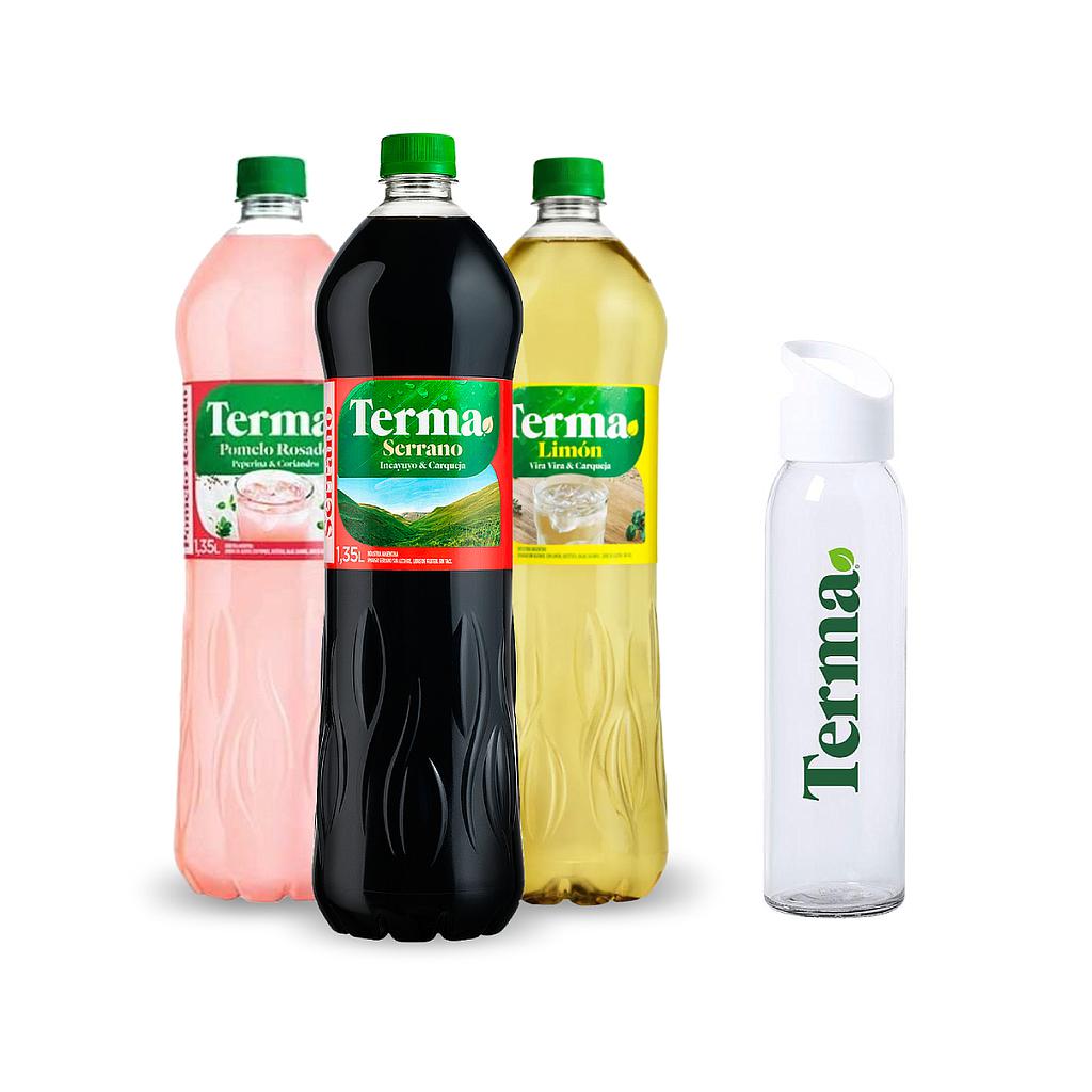COMBO TERMA LIMON + SERRANO + POMELO ROSADO CON BOTELLA DE VIDRIO TERMA 470 ML DE REGALO