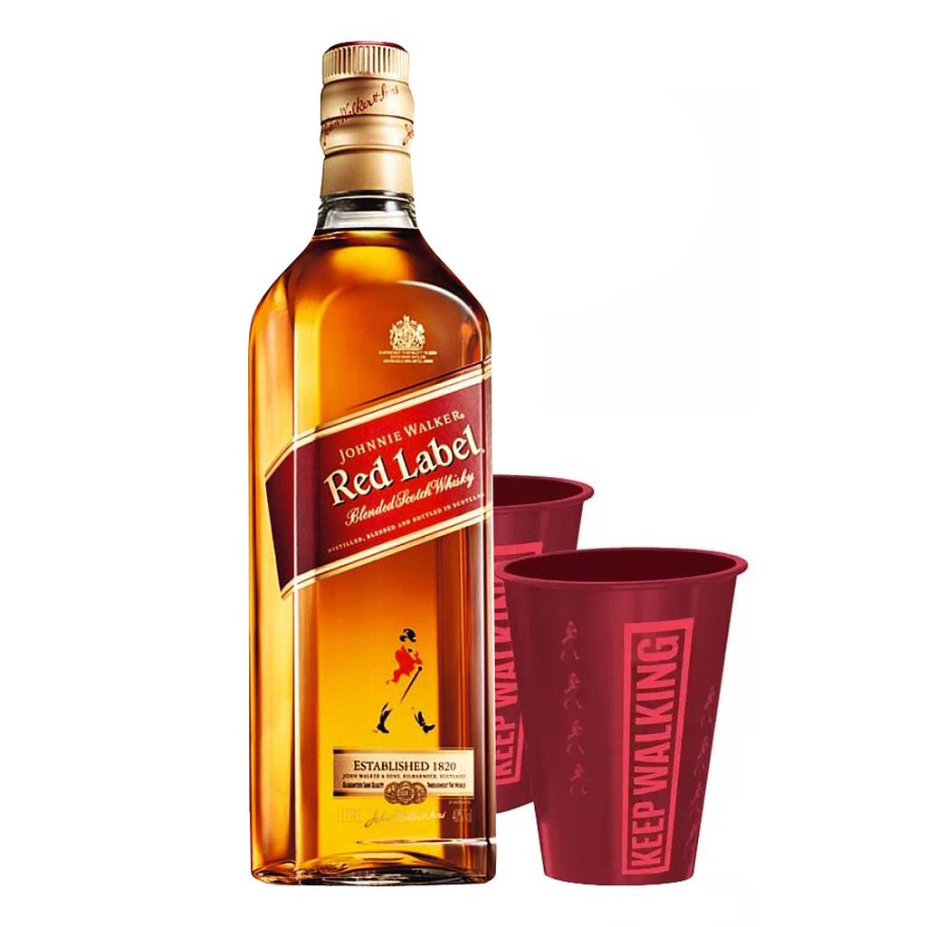 WHISKY ESCOCES JOHNNIE WALKER RED LABEL 1 LITRO + 2 VASOS DE ALUMINIO DE OBSEQUIO