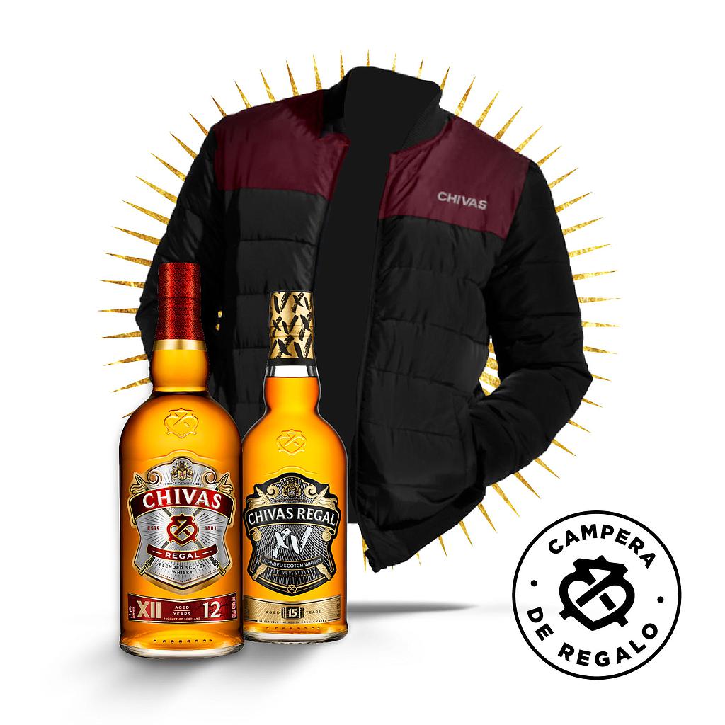 1 WHISKY ESCOCES CHIVAS REGAL 1 LITRO + 1 WHISKY ESCOCES CHIVAS REGAL XV 750 ML + CAMPERA DE REGALO