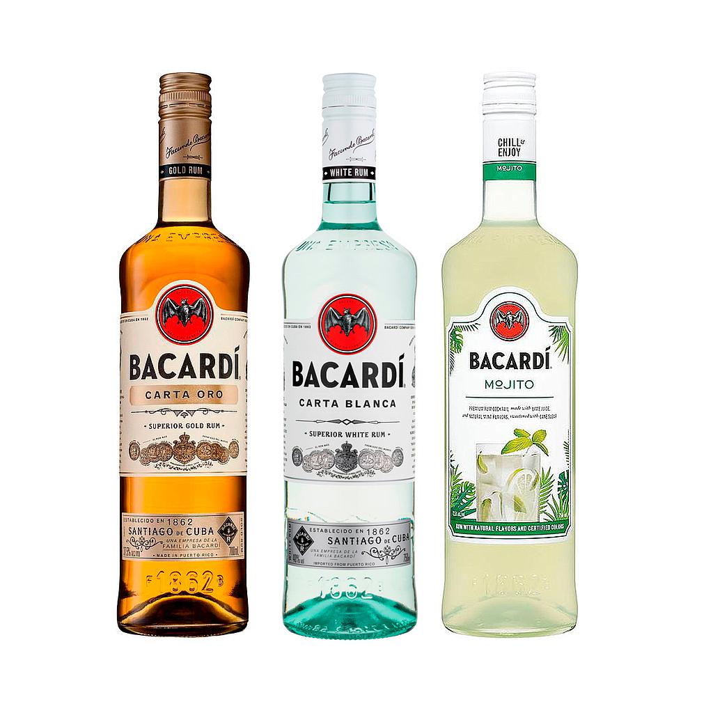 RON BACARDI CARTA ORO 700 ML + CARTA BLANCA 700 ML + BACARDI MOJITO DE OBSEQUIO