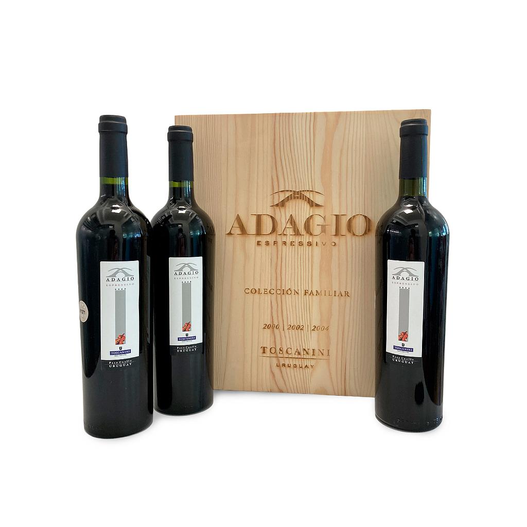CAJA MADERA VINO ADAGIO ESPRESSIVO 750 ML X 3 -AÑADA 2000,2002,2004