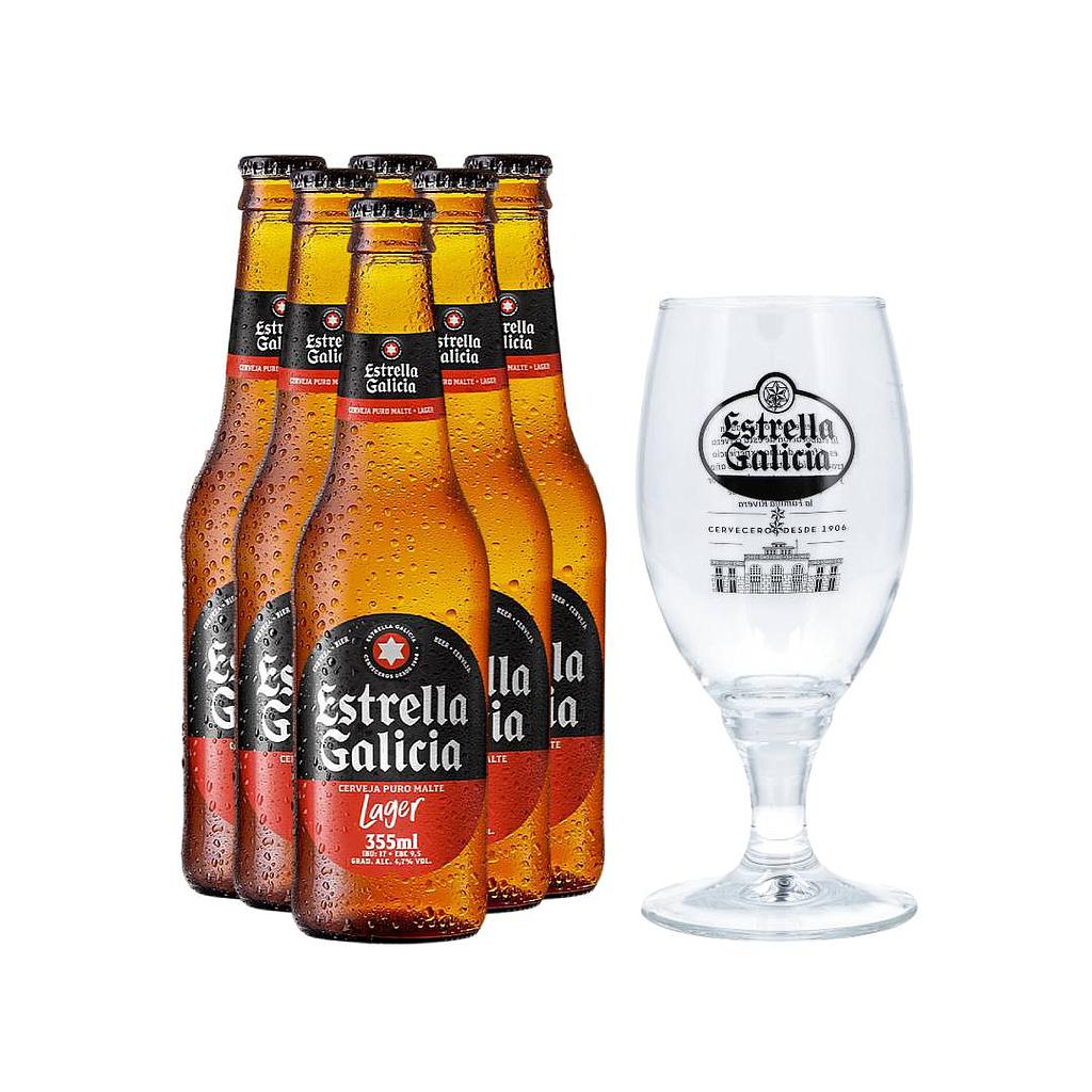 CERVEZA ESTRELLA GALICIA 355 ML X6 + COPA VIDRIO ESTRELLA GALICIA