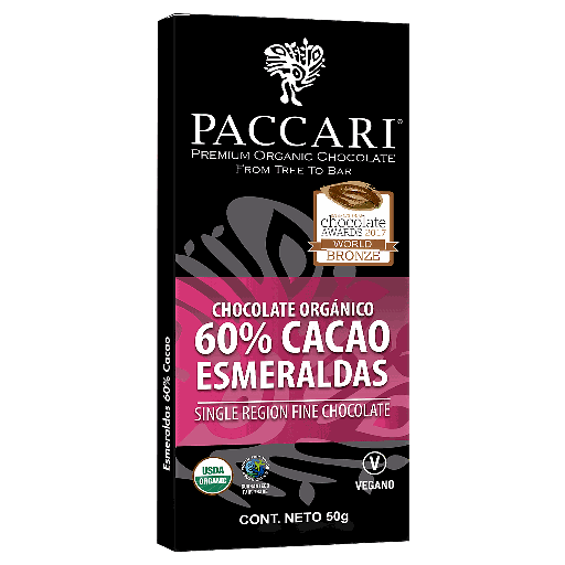 CHOCOLATE ORGANICO PACCARI 60% CACAO ESMERALDAS 50 GRS.