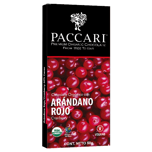 [35830] CHOCOLATE ORGANICO PACCARI CON ARANDANOS ROJOS 50 GRS.