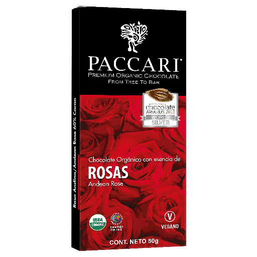 [35828] CHOCOLATE ORGANICO PACCARI CON ESENCIA DE ROSAS 50 GRS.