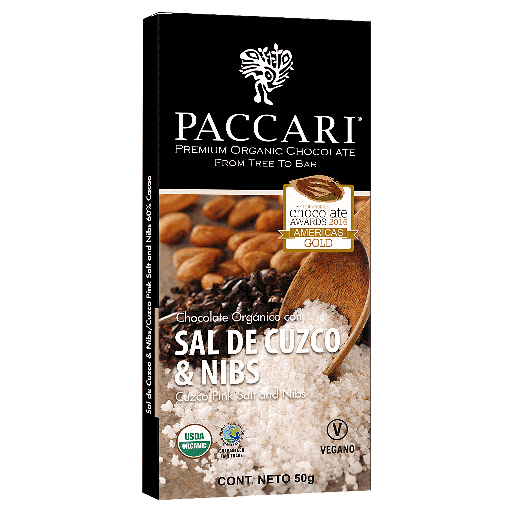CHOCOLATE ORGANICO PACCARI CON SAL DE CUZCO Y NIBS 50 GRS.