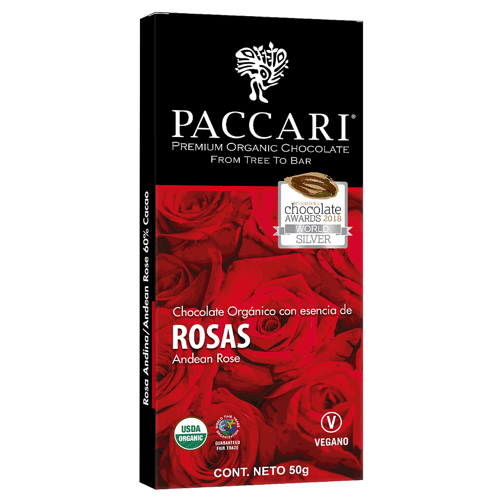 CHOCOLATE ORGANICO PACCARI CON ESENCIA DE ROSAS 50 GRS.
