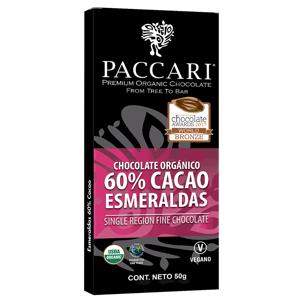 CHOCOLATE ORGANICO PACCARI 60% CACAO ESMERALDAS 50 GRS.