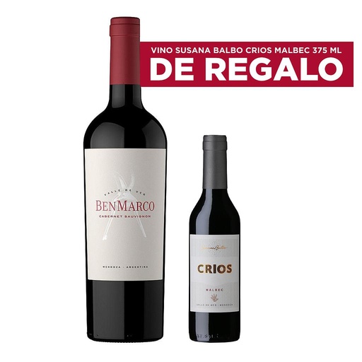 VINO BENMARCO CABERNET SAUVIGNON 750 + VINO SUSANA BALBO CRIOS MALBEC 375 ML DE OBSEQUIO