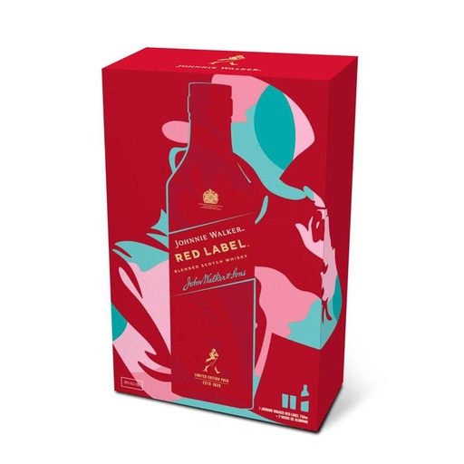 [34280] WHISKY ESCOCES JOHNNIE WALKER RED LABEL 1 LITRO + 2 VASOS DE ALUMINIO