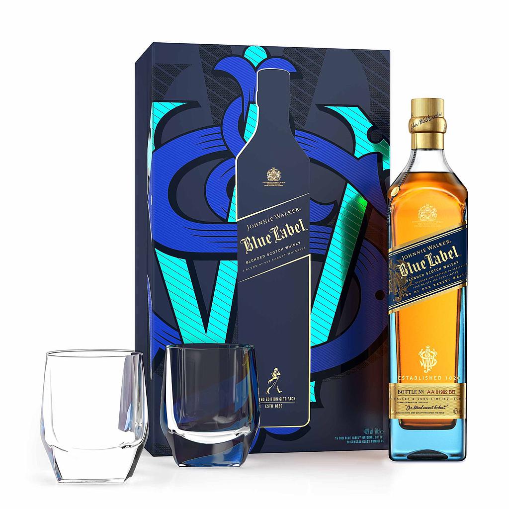 WHISKY ESCOCES JOHNNIE WALKER BLUE LABEL 750 ML + 2 VASOS DE VIDRIO