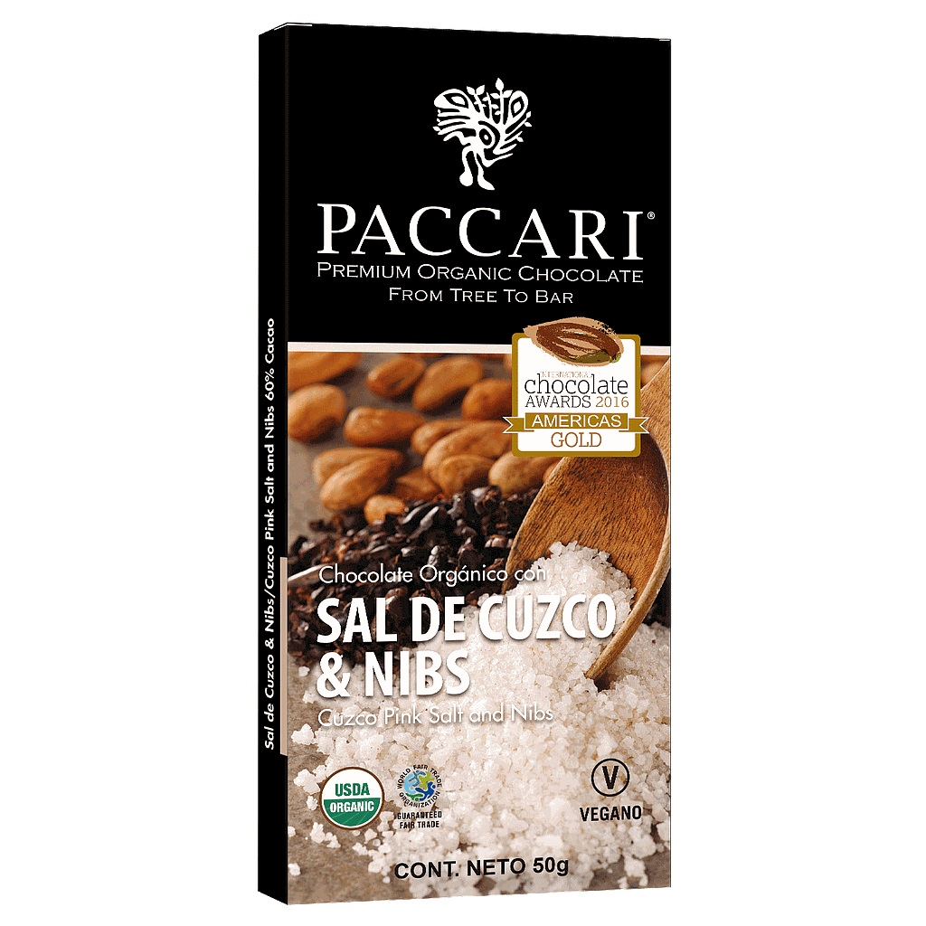 CHOCOLATE ORGANICO PACCARI CON SAL DE CUZCO Y NIBS 50 GRS.