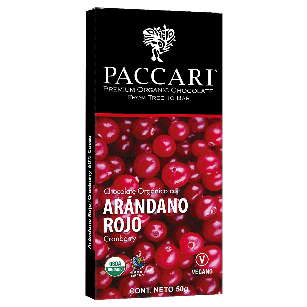 CHOCOLATE ORGANICO PACCARI CON ARANDANOS ROJOS 50 GRS.